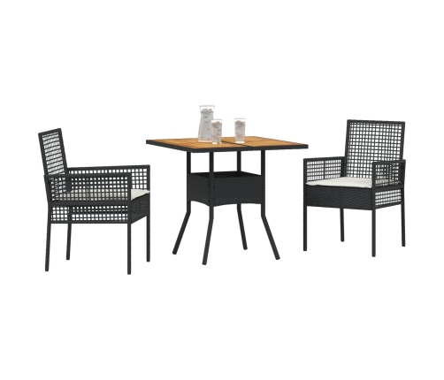 Set de Comedor de 3 Piezas para Jardín con Cojines Negros de Poliratán