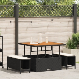 Conjunto de Comedor de Jardín de 3 Piezas con Cojines Negros de Poliratán y Acacia