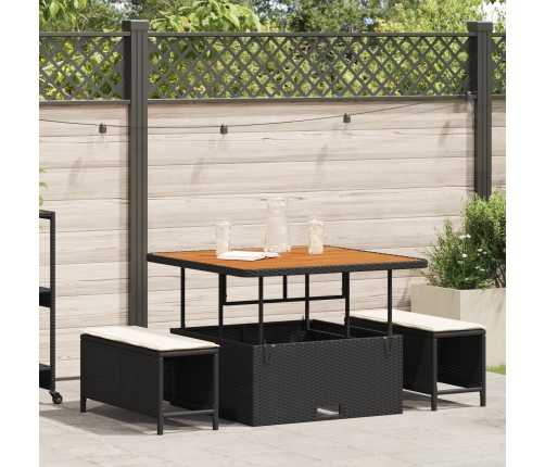 Conjunto de Comedor de Jardín de 3 Piezas con Cojines Negros de Poliratán y Acacia