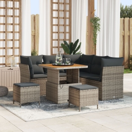 Juego de Sofá de Jardín de 8 Piezas con Cojines Gris de Poliratán Acacia,  Juego de Comedor de Jardín de 3 Piezas con Cojines Gris de Poliratán Acacia
