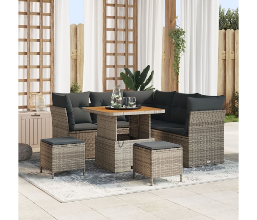 Juego de Sofá de Jardín de 8 Piezas con Cojines Gris de Poliratán Acacia,  Juego de Comedor de Jardín de 3 Piezas con Cojines Gris de Poliratán Acacia