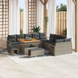 Conjunto de Sofá de Jardín de 13 Piezas con Cojines Gris Poliratán Acacia de , Sofá de Jardín de 2 Plazas con Almacenamiento y Cojines Gris Poliratán de , Juego de Comedor de Jardín de 3 Piezas con Cojines Gris Poliratán Acacia de