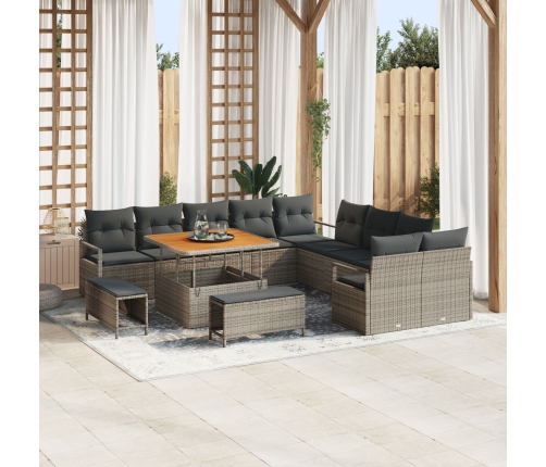 Conjunto de Sofá de Jardín de 13 Piezas con Cojines Gris Poliratán Acacia de , Sofá de Jardín de 2 Plazas con Almacenamiento y Cojines Gris Poliratán de , Juego de Comedor de Jardín de 3 Piezas con Cojines Gris Poliratán Acacia de