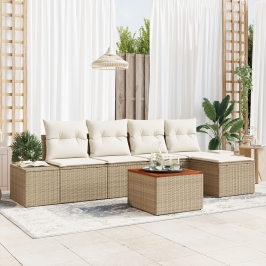 Juego de Sofás de Jardín de 6 Piezas con Cojines Beige de Ratán Polimérico y Acacia