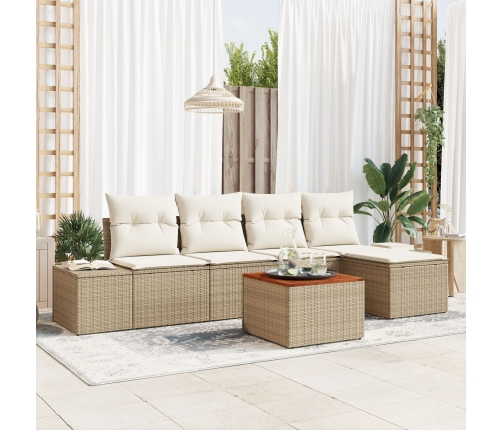 Juego de Sofás de Jardín de 6 Piezas con Cojines Beige de Ratán Polimérico y Acacia