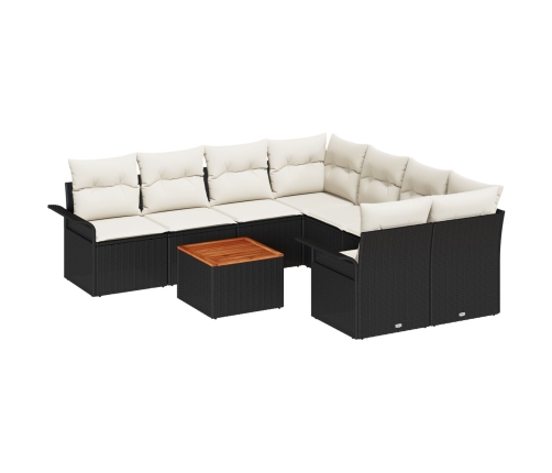Set de Sofás de Jardín  de 9 Piezas con Cojines Negro Polirratán Acacia