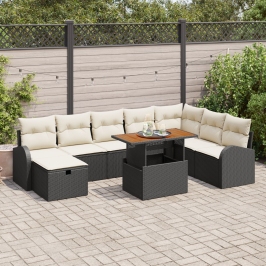 Conjunto de sofá de jardín de 9 piezas con cojines , ratán negro