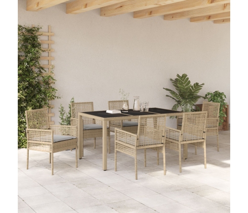 Conjunto de Comedor de Jardín de 7 Piezas con Cojines Beige de Poliratán