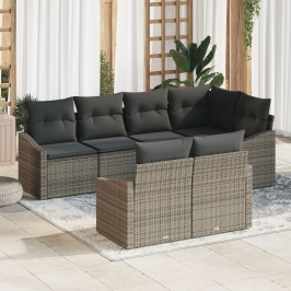 Juego de comedor de jardín de 7 piezas con cojines Gris Ratán sintético