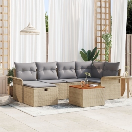 Conjunto de Sofá de Jardín de 7 Piezas con Cojines Beige Ratán Poliéster