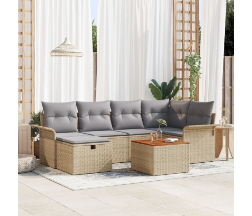 Conjunto de Sofá de Jardín de 7 Piezas con Cojines Beige Ratán Poliéster