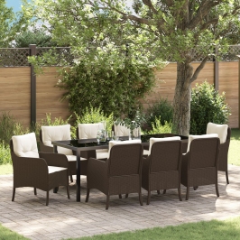 Conjunto de Comedor de Jardín  de 9 Piezas con Cojines Marrón Poliratán