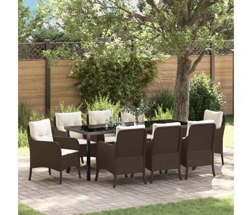Conjunto de Comedor de Jardín  de 9 Piezas con Cojines Marrón Poliratán