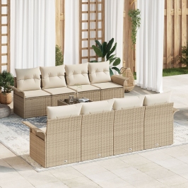 Sofá de Jardín de 9 Piezas con Cojines Beige Ratán de PE