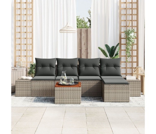 Conjunto de sofá de jardín de 6 piezas con cojines gris ratán sintético acacia