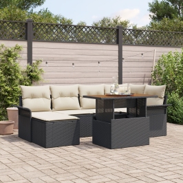 Conjunto de Comedor de Jardín de 7 Piezas con Cojines Negro Poliratán