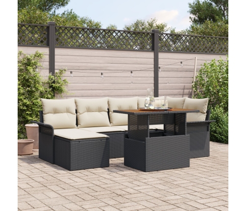 Conjunto de Comedor de Jardín de 7 Piezas con Cojines Negro Poliratán