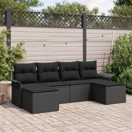 Set de Sofá de Jardín de 6 Piezas con Cojines Negro Ratán Sintético