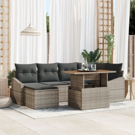 Conjunto de Comedor de Jardín de 7 Piezas con Cojines Gris de Ratán de Polietileno Acacia