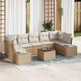 Juego de Sofá de Jardín de 8 Piezas con Cojines Beige de Poliratán Acacia