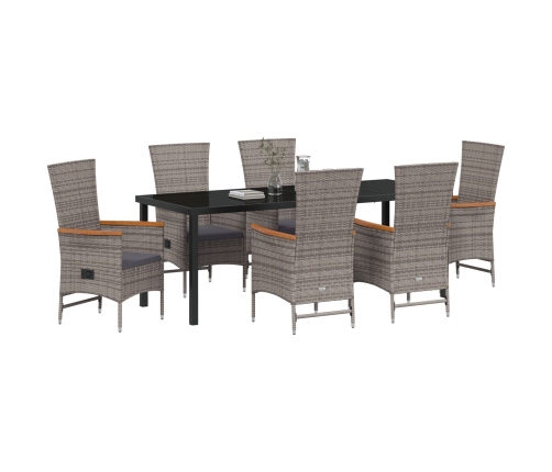 Juego de comedor de jardín de 7 piezas con cojines gris ratán poliéster