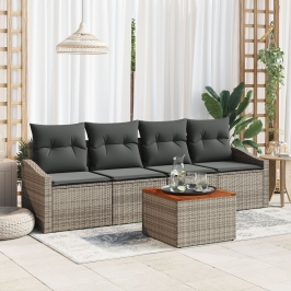 Juego de Sofá de Jardín de 5 Piezas con Cojines Gris Poliratán Acacia