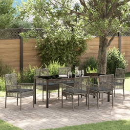 Conjunto de comedor de jardín de 7 piezas con cojines gris poliratán