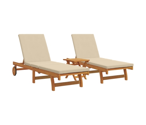 Tumbonas con ruedas de , 2 piezas, con mesa y cojín de madera de acacia maciza