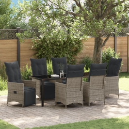 Set de Comedor de Jardín de 7 Piezas con Cojines Gris Poliratán