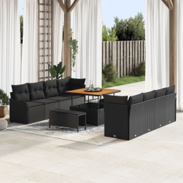 Set de Sofá de Jardín de 11 Piezas con Cojines Negro Poliratán Acacia,  Sofá de Jardín de 2 Personas con Cojines Negro Poliratán,  Set de Comedor de Jardín de 3 Piezas con Cojines Negro Poliratán Acacia