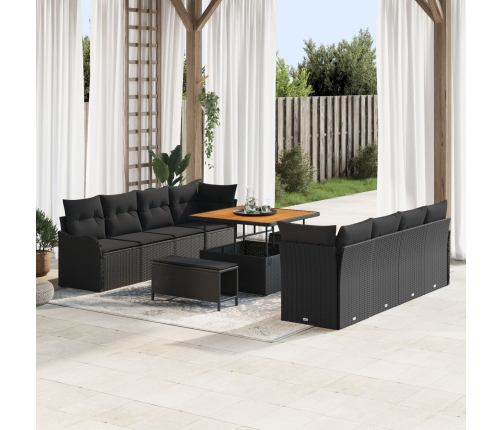 Set de Sofá de Jardín de 11 Piezas con Cojines Negro Poliratán Acacia,  Sofá de Jardín de 2 Personas con Cojines Negro Poliratán,  Set de Comedor de Jardín de 3 Piezas con Cojines Negro Poliratán Acacia