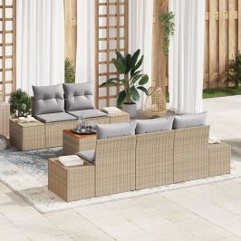 Conjunto de Sofás de Jardín  de 6 Piezas con Cojines Beige Ratán Poliéster Acacia