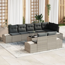 Conjunto de Sofá de Jardín  de 9 Piezas con Cojines Gris Poliratán