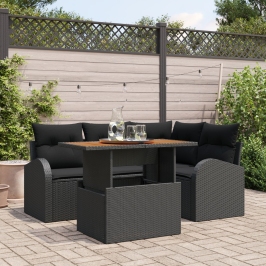 Conjunto de Comedor de Jardín de 5 Piezas con Cojines Negro Poliratán Acacia