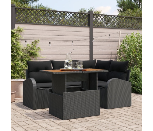 Conjunto de Comedor de Jardín de 5 Piezas con Cojines Negro Poliratán Acacia