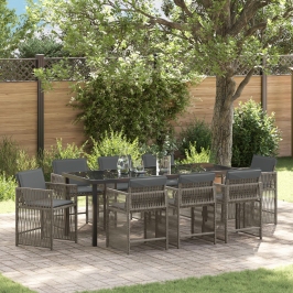 Juego de Comedor de Jardín de 9 Piezas con Cojines Gris Poliratán