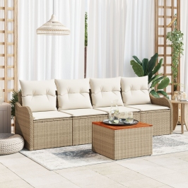 Conjunto de Sofás de Jardín de 5 Piezas con Cojines Beige Ratán Poliéster Acacia