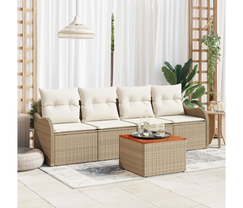 Conjunto de Sofás de Jardín de 5 Piezas con Cojines Beige Ratán Poliéster Acacia