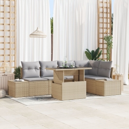 Conjunto de Sofás de Jardín de 6 Piezas con Cojines Beige de Poliratán