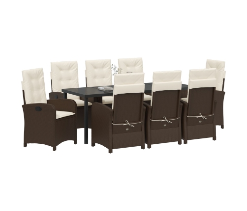 Set de comedor de jardín de 9 piezas con cojines de ratán poli marrón