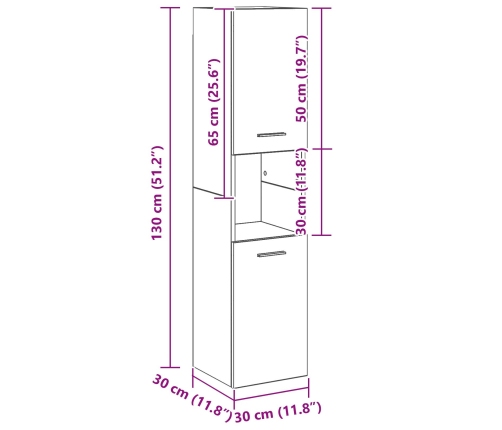 Gabinete de baño de pared  negro y roble de 30x30x130 cm, de madera compuesta