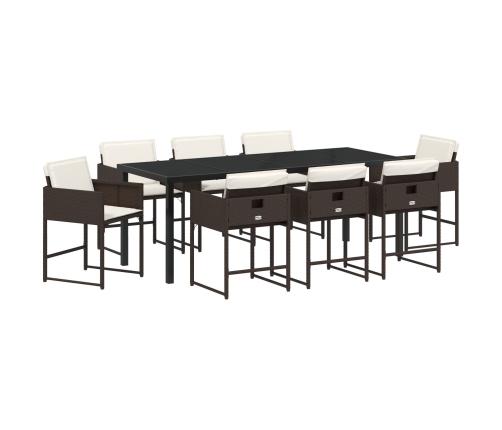 Juego de Comedor de Jardín de 9 Piezas con Cojines Rattan Poliéster Marrón