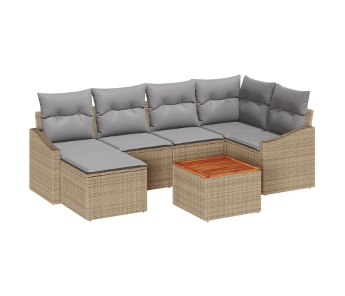 Juego de sofá de jardín de 7 piezas con cojines Beige Poli Ratán Acacia