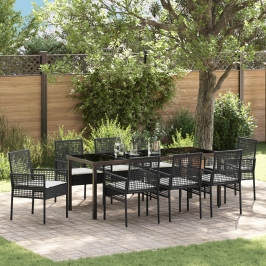 Juego de Comedor de Jardín de 9 Piezas con Cojines Negro Poliratán