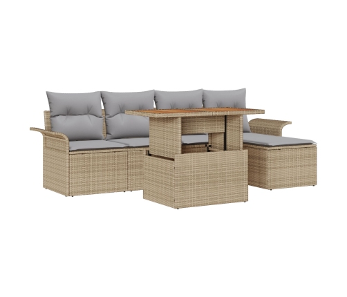 Juego de Comedor de Jardín de 6 piezas con Cojines Beige Ratán Poli Acacia