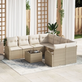 Juego de Sofá de Jardín de 9 Piezas con Cojines Beige Poliratán
