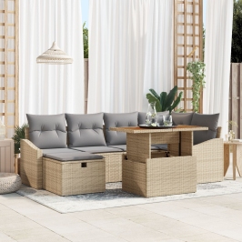 Juego de Sofá de Jardín 7 piezas con cojines Beige Poliratán