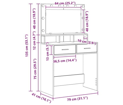 Mesita de Tocador  con Luces LED de Madera Vieja 79x41x135 cm