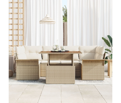 Conjunto de sofá de jardín de 7 piezas con cojines Beige Ratán Acacia