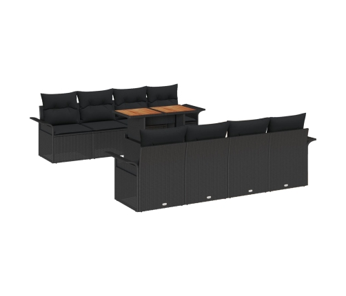 Set de 9 Piezas de Sofá de Jardín con Cojines Negro de Ratán Poliéster Acacia
